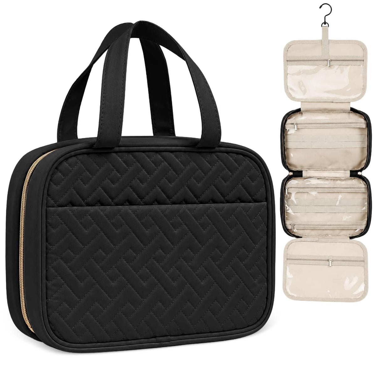 Mber - Travel Toiletry Bag Hanging Organizer, Large Travel Makeup Cosmetic Bag with Clear Compartments for Men and Women - Black