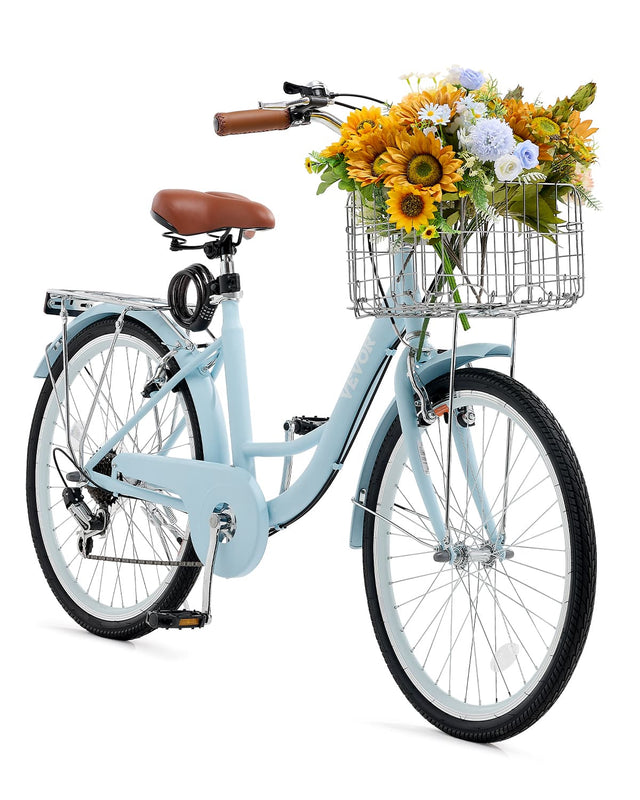 Front. VEVOR - Cruiser Bike, 7-Speed, 26-Inch Light Blue Beach Cruiser Bike with Large Capacity Basket and Rear Rack - Blue.