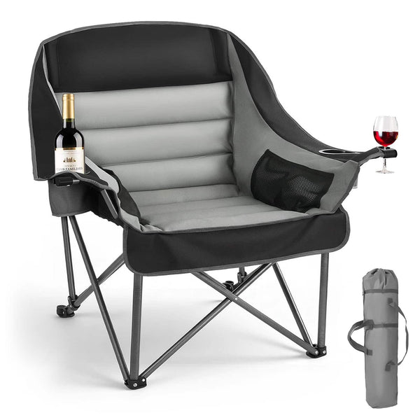 VEVOR - Oversized Camping Chairs, 450 lbs Heavy Duty Support, Portable Padded Folding Camp Chairs with Dual Cup Holders - Black & Gray