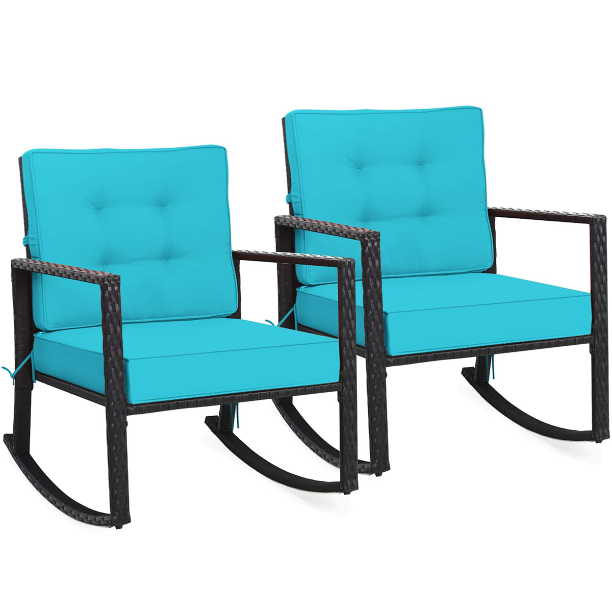 Costway - 2PCS Patio Rattan Rocker Chair Outdoor Glider Rocking Chair Cushion - Turquoise