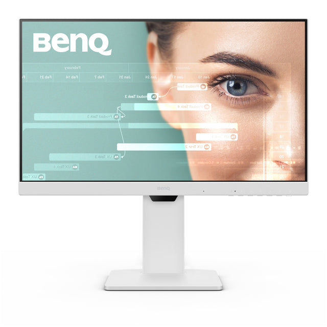 BenQ is a brand of computer monitors and other electronic products. The image shows a BenQ monitor with a woman's face on the screen. The monitor is white and has a stand. The image is advertising the BenQ product, which is available in January and February.