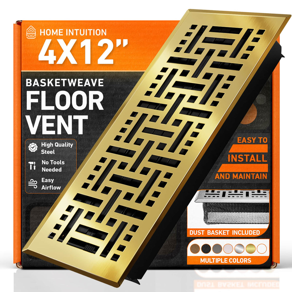 Home Intuition - 4X12 Floor Vent Covers with Mesh Cover Trap, Heat and Air, Floor Vent for HVAC Duct, Basketweave - Polished Brass
