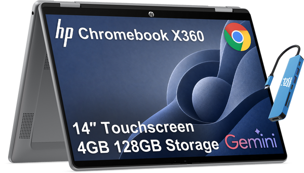 HP - Chromebook x360 14'' FHD+ 2-in-1 Touchscreen Laptop - Intel N150 2025 - 4GB RAM - Google AI - Meteor silver