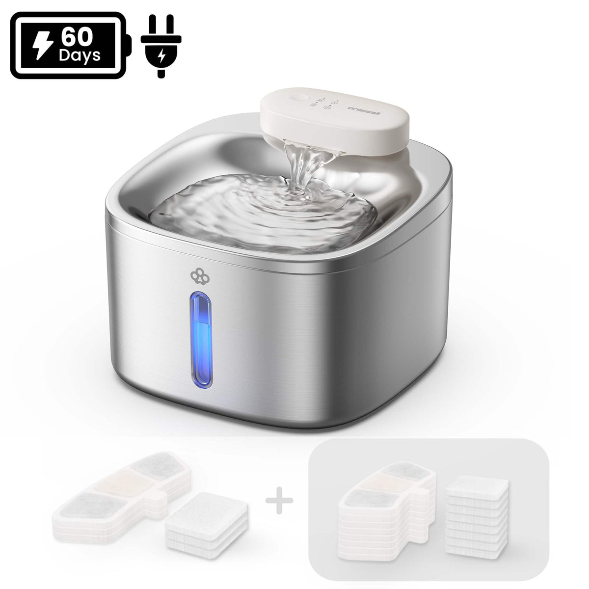 Oneisall - 3.5L 118oz Wireless Cat Water Fountain With 11 Filters Food Grade Dual Supply Motion Sensor Flowing - Stainless Steel
