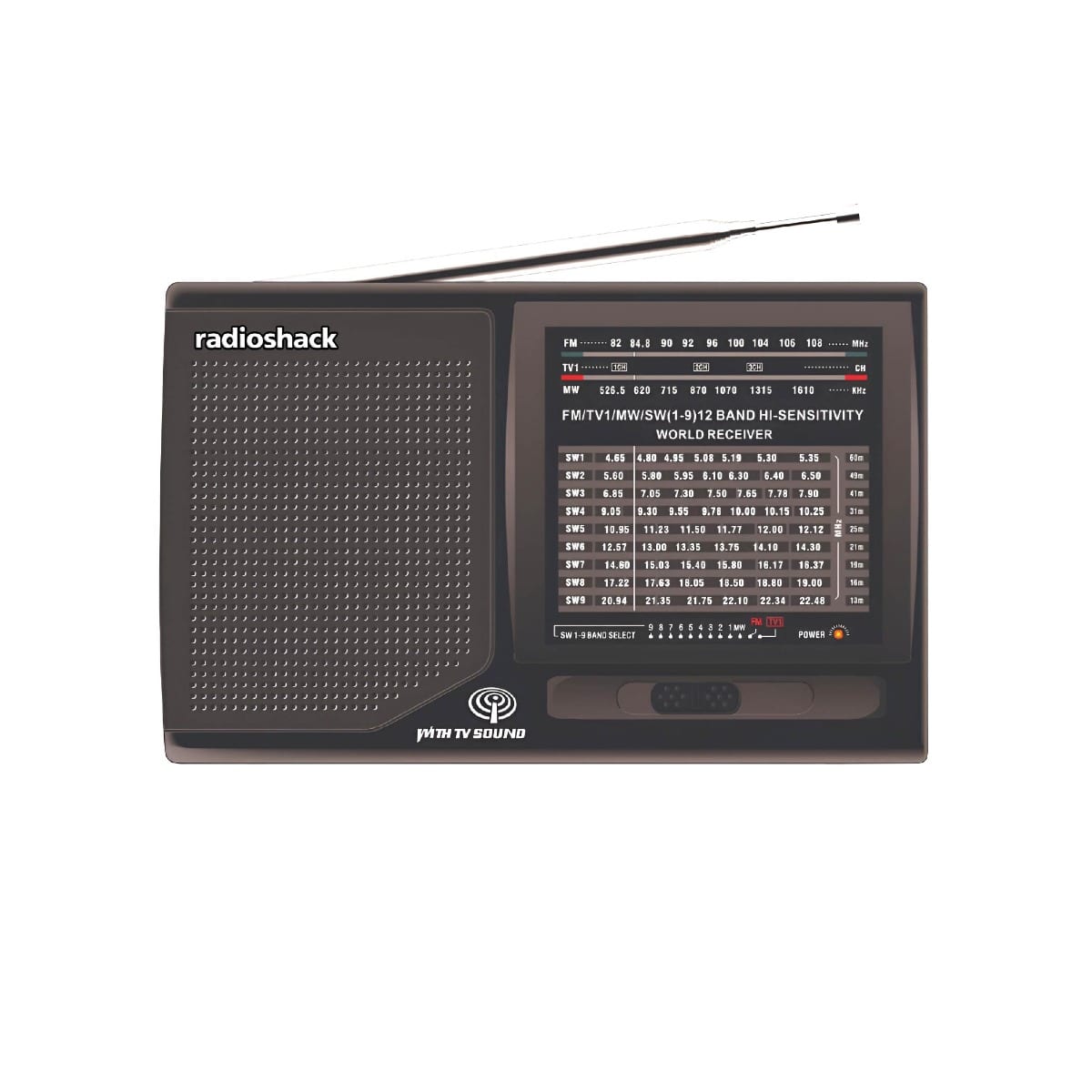 RadioShack - World Receiver Portable Radio – AM/FM/SW/TV Bands, Telescopic Antenna, Battery Powered (D X2) 1202270 - Black