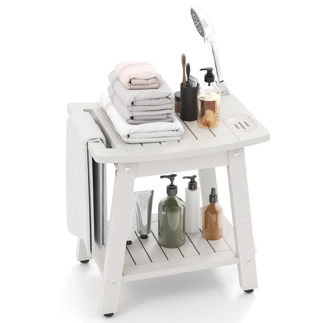Front. Gymax - Gymax Shower Bench Seat HIPS Shower Stool w/Handle Shower Head & Soap Holder White - White.
