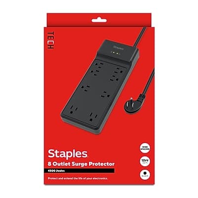Staples TECH - 8-Outlet Surge Protector, 12', 4500 Joules - Black
