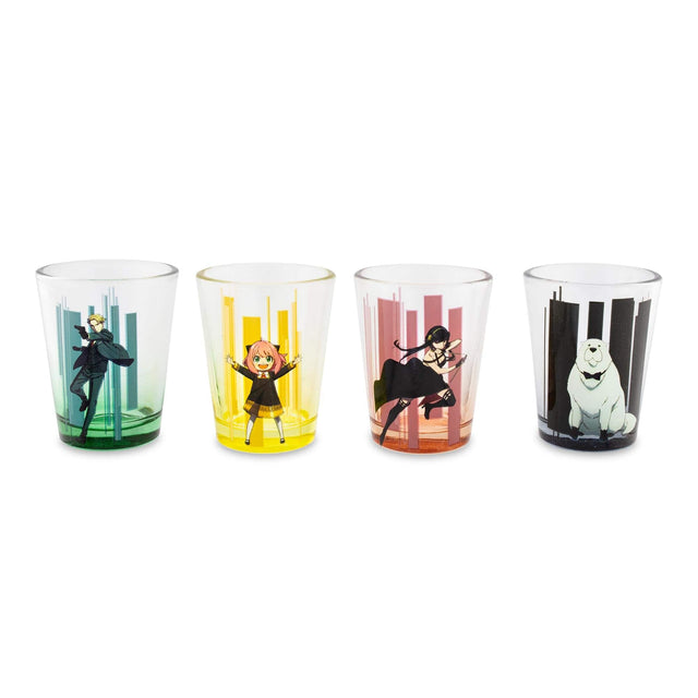 Front. Silver Buffalo - Spy x Family Trio and Logo 2-Ounce Mini Shot Glasses | Set of 4 - Pink.