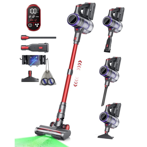 COQOOL - Cordless Vacuum Cleaner, 600W/55Kpa stick vacuum for Home, 70 Mins Max Runtime, for Hard Floor Carpet Pet Hair - Red