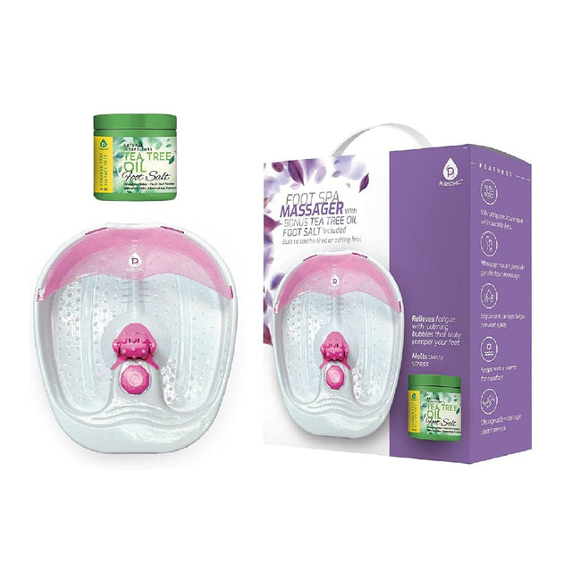 d I 2018 MSVE SPATT M NATURA TU Jass TEA TREE OIL Fret Salt -  CCon FOOT SPA MASSAGER With BONUS TEA TREE OIL FOOT SALT Included Euit no soothe Sred C oching fees I FEATURES PURESONIC  t win pidicues  ceoble in P B MossUgE  pr d tou mooge Relieves foriue, wih colming bubbles that truly pomper your feet Melts owcy strees Ergamune i arug mXx oingtot heaps weicr NT r cnafart TEA TREE gIL vmt Salt Chungrutberesrage  Ken