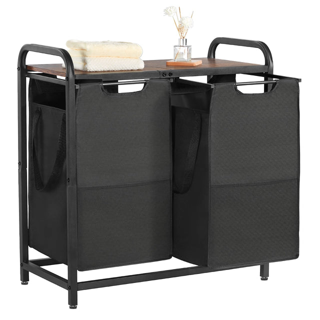 Front. VEVOR - 2Section Laundry Sorter,Large Laundry Hamper with Metal Frame and Wooden Tabletop,Freestanding Storage Organizer Baskets - Black, Brown.