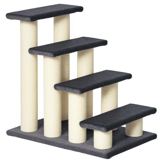 Front. Pawhut - Cat Tree with 4 Steps, High Beds/Couch, Cute Stair Shaped, Indoor Cats/Dogs, Sisal Scratching Post - Gray.
