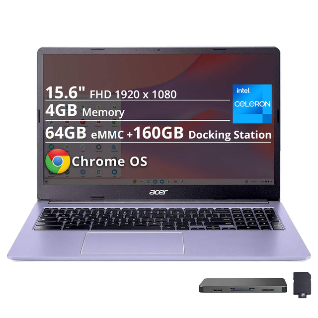 15.6" FHD 1920 x 1080  
Intel Celeron  
4GB Memory  
64GB eMMC + 160GB Docking Station  
Chrome OS  
Acer
