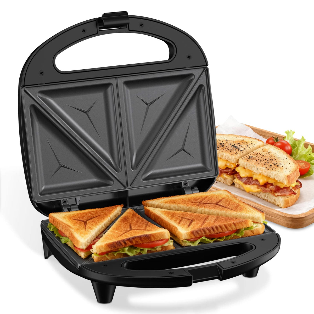 OSTBA - Sandwich Maker, Grilled Cheese Maker with Non-stick Triangle Plates, Indicator Lights - Black