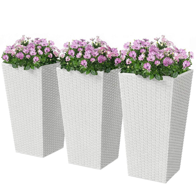 Front. Outsunny - Planters for Outdoor Plants Set of 3, 24 In Taper Planters with Drainage Holes - White.