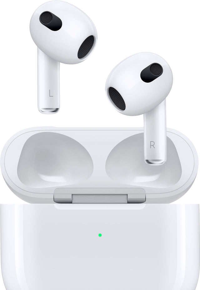 Front. Apple - Apple AirPods (3rd generation) with Lightning Charging Case - White.