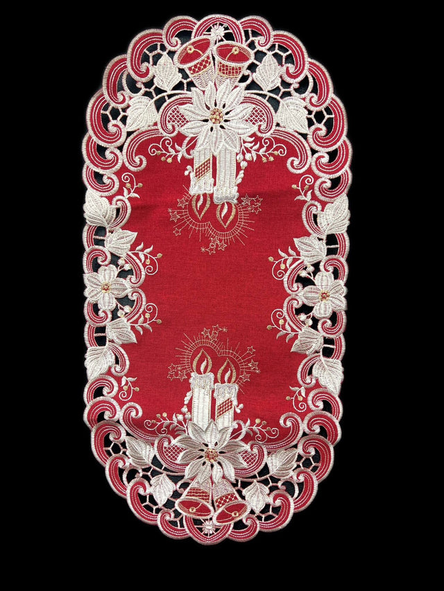 Front. Jiallo - Poinsettia Embroidered Cutwork Rectangular Table Runner, 15 by 70  inch Table Linen - Red.