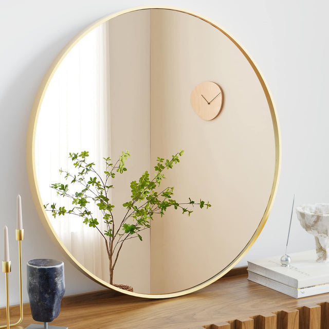 Front. Bestier - Gold 24 in. Round Wall Mirror for Over Sink, Circle Mirror for Bathroom, Entryway, Bedroom, Vanity - Gold.