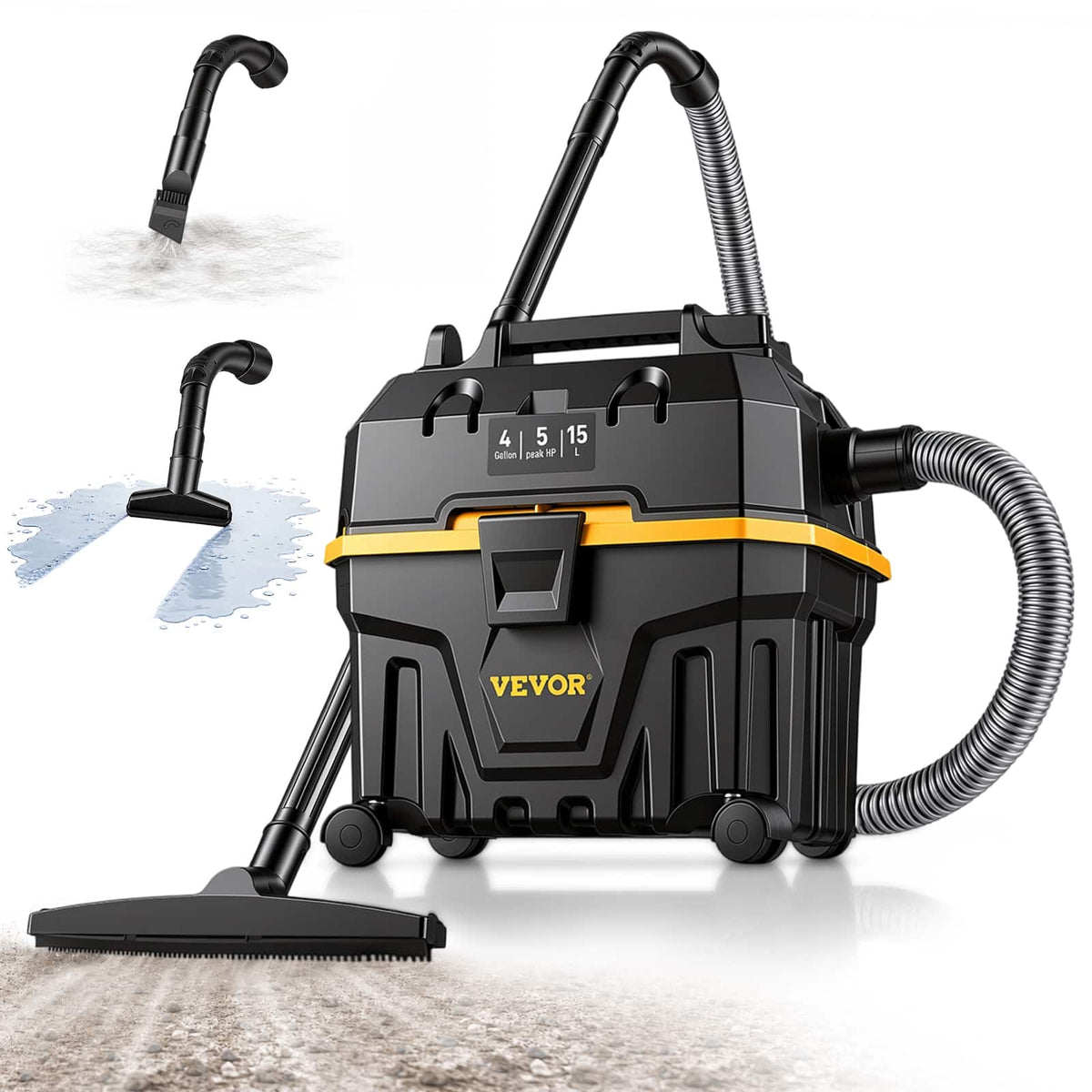 VEVOR - Wet Dry Vac, 4 Gallon, 5 Peak HP,3 in 1 Shop Vacuum with Blowing Function Portable Attachments to Clean Floor,Upholstery - Black;Yellow