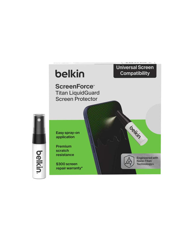 Belkin ScreenForce Titan LiquidGuard Screen Protector Universal Screen Compatibility

- Easy spray-on application
- Premium scratch resistance
- $300 screen repair warranty*
- Engineered with Nano-Titan Technology+

*