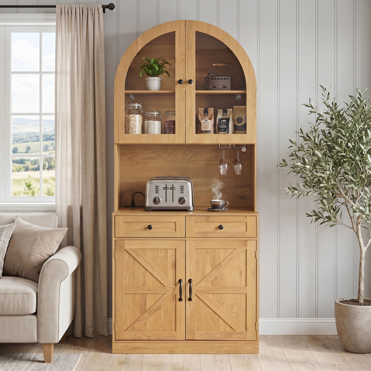 Loheer - Farmhouse Pantry Cabinet, 75 Inch Coffee Bar Cabinet with Charging Station, Glass Doors, Adjustable Shelves - Oak