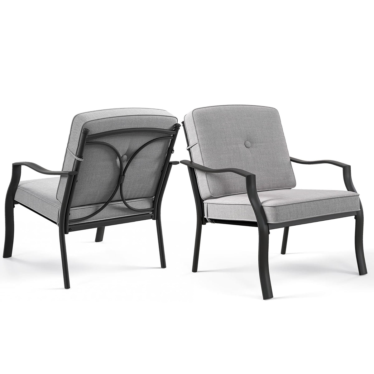 Gymax - 2PCS Metal Chairs Outdoor Dining Seat Heavy Duty w/ Cushions Garden Patio Gray - Black