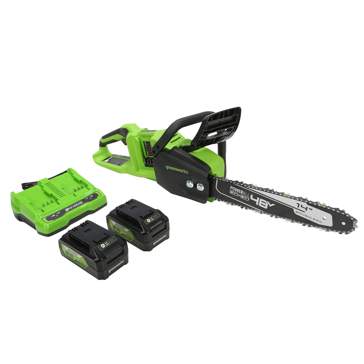 Greenworks - 24V 14” Brushless Cordless Chainsaw (2 4.0 Ah Batteries Dual-Port Rapid Charger Included) - Green