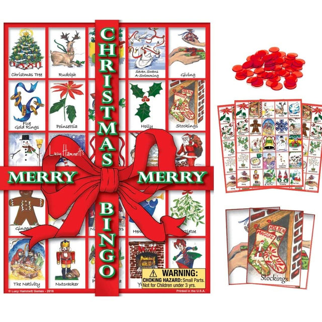 SEVE Swans Christmas Tree Rudolph A-Swimming Giving PE CHRISTMAS PE Five Gold Rings Poinsettia Holly Stockings Lucy Hammett MERRY MERRY Ginged N Ers Her aletoe BINGO WARNING: P A CHOKING HAZARD Small Parts. The Nativity Nutcracker Y Not for Children under 3 yrs. Lucy Mammett Games 2016 Printed in the U.S.A. 0 PLE HOLDEN DEN MAGGIC 6 Stockings