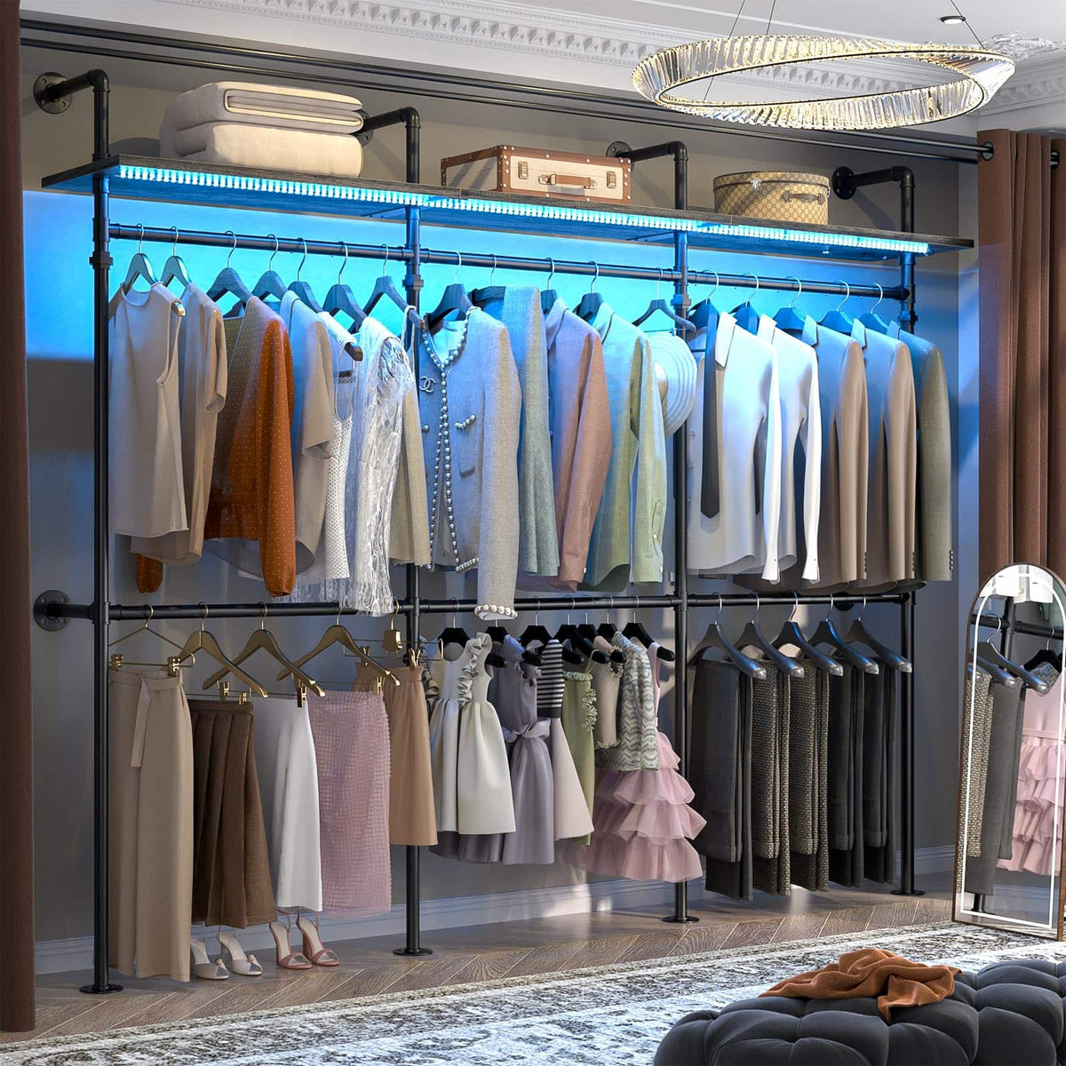 Aheaplus - 118.3" Reversible Industrial Pipe Clothing Rack - Heavy Duty Garment Rack with LED Lights & Shelves for Walk-in Closet - Gray Oak