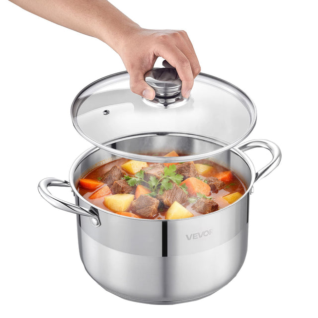 Front. VEVOR - Stainless Steel Stock Pot,8-Quart Stainless Steel Stockpot with Glass Lid,PFOA-Free,PFAS-Free,Compatible with Gas Stoves - Silver.