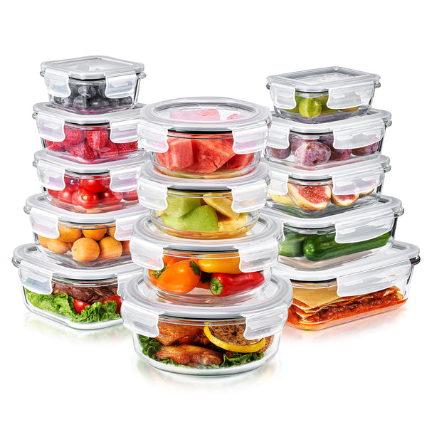 Sorbus - 28-Piece Glass Food Storage Containers with Lids - Airtight, Microwave, Fridge, Dishwasher, Oven Safe - Clear
