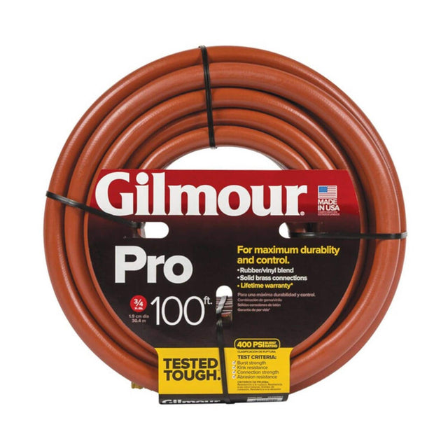 Gilmour Pro  
MADE IN USA  
For maximum durability and control.  
- Rubber/vinyl blend  
- Solid brass connections  
- Lifetime warranty  

Para una máxima durabilidad y control.  
- Sólidos conectores de latón  
- Garantía de por vida  

100 ft.  
3/4"  
1.9 cm dia  
30.4 m  

400 PSI  
TESTED TOUGH.  

TEST CRITERIA:  
- Burst strength  
- Kimk resistance  
- Connection strength  
- Abrasion resistance  

Criterios de prueba:  
- Resistencia a la rotura  
- Resistencia a la corrosión  
- Resistencia a la 