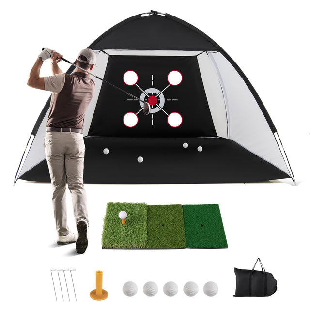 Front. Costway - Costway Golf Net with Foldable Tri-Turf Mat, Multiple Target for Training, Indoor & Outdoor - Black.