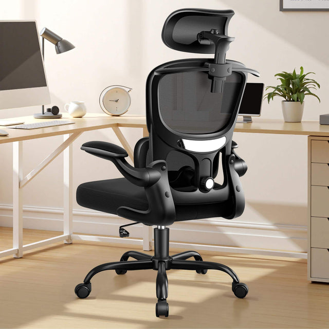 Front. KERDOM - Ergonomic Office Chair with 3D Adjustable Lumbar Support & Headrest, Breathable Mesh Tilt Computer Chair, Filp-up Arms - Black with Headrest.