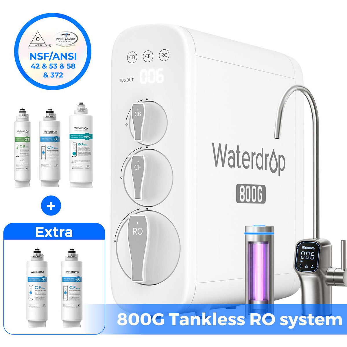 Waterdrop - G3P800 Reverse Osmosis System Extra 2 WD-G3-N1CF Water Filters - White