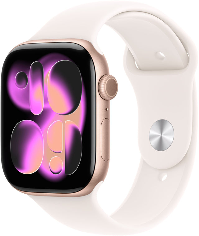 Front. Apple - Apple Watch Series 11 (GPS+Cellular) 46mm Aluminum Case with Light Blush Sport Band - S/M - Rose Gold.