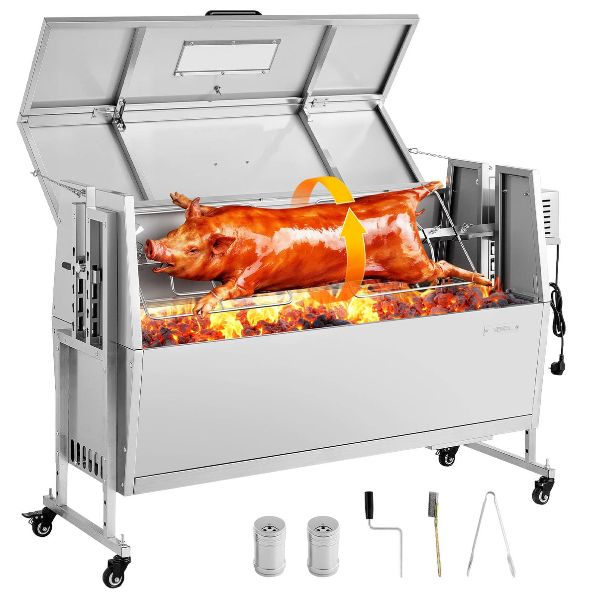VEVOR - Rotisserie Grill, 38W BBQ Outdoor Pig & Lamb Spit Roaster, Charcoal Spit Roaster with 132 LBS Capacity - Stainless steel color