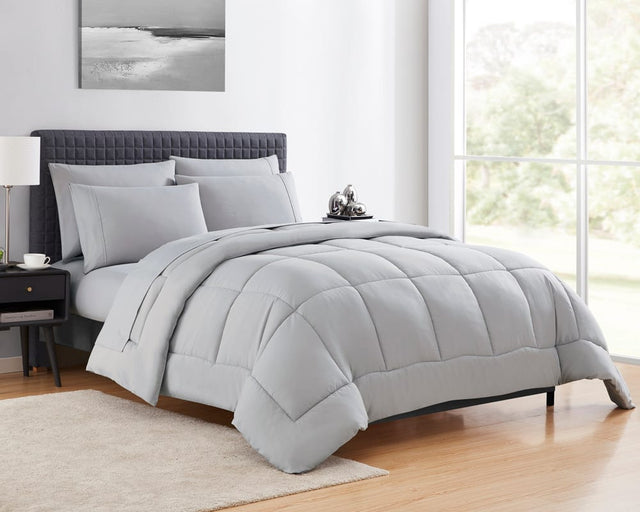 Front. Sweet Home Collection - All Season Reversible Bed-in-A-Bag Solid Color Comforter & Sheet Set, Twin - Silver.