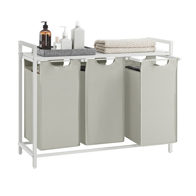 Front. Songmics Home - Laundry Hamper, Laundry Basket, Laundry Sorter with 3 Pull-Out,Removable Bags, Shelf, Metal Frame, 3 x 10 Gallons (38L) - White.