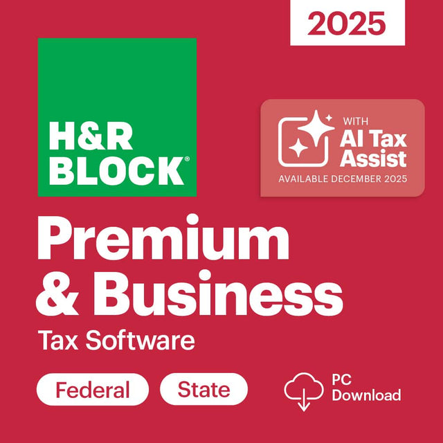 H&R Block  
2025  
Premium & Business Tax Software  
Federal State  
PC Download  
WITH AI Tax Assist  
AVAILABLE DECEMBER 2025