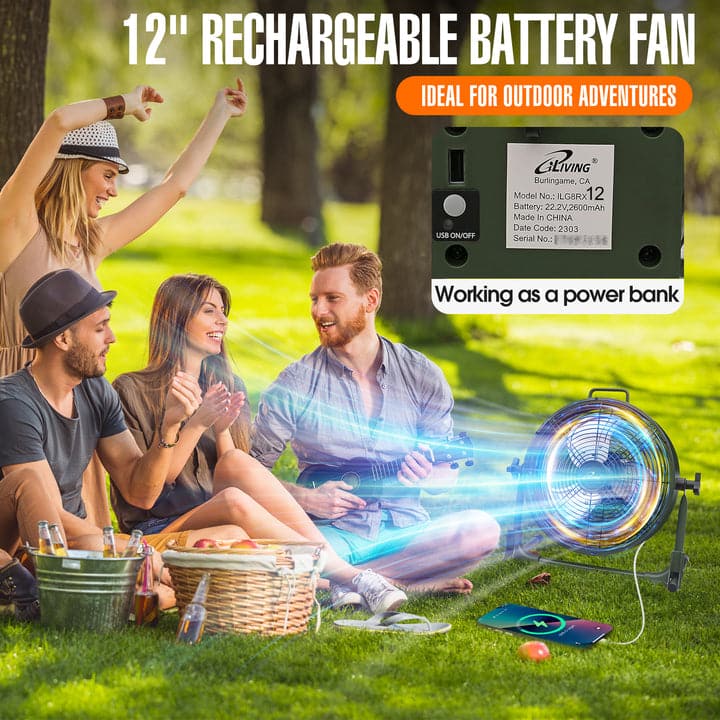 iLIVING - 12" Rechargeable Camping Fan, Battery Operated Portable Floor Fan, High Velocity Metal Blade, Built-in Battery - Green