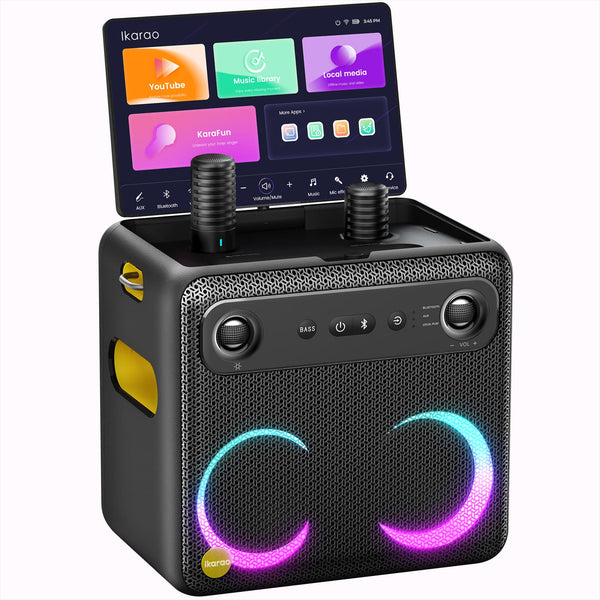 Ikarao - Smart portable Karaoke Machine with Lyrics Display, 32GB Karaoke Tablet, 2 Wireless Mics, 300W Peak Power, 4 DJ Lights