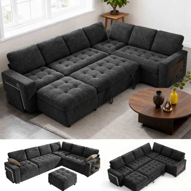 Front. Dyonery - 7-Seat Modular Sectional Sleeper Sofa with Pull-Out Bed, Reclining Backrest, USB Ports, Table, LED Lights - Black.