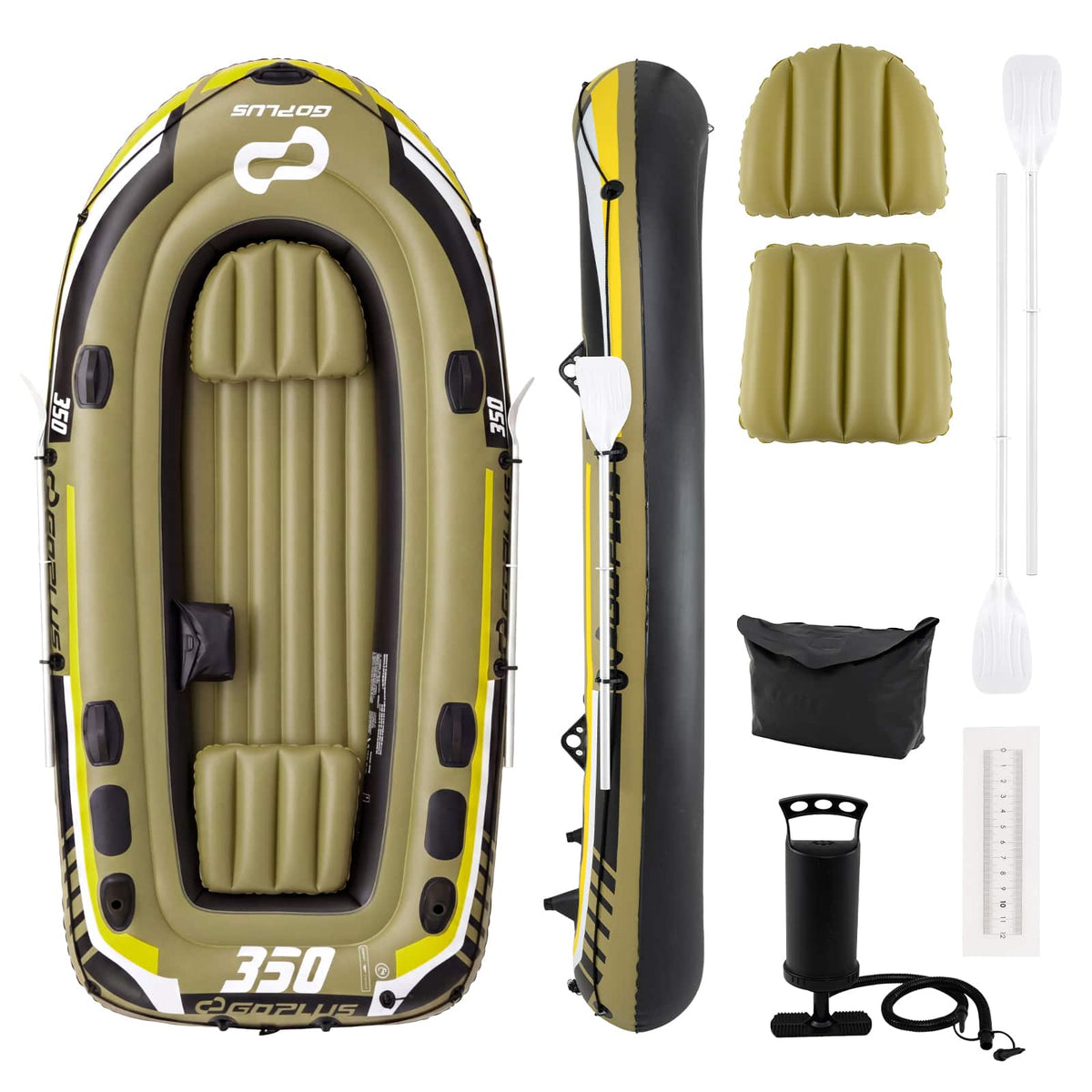 Costway - Heavy-Duty Inflatable Boat 4-Person Fishing Raft Set for 3 Adults and 1 Kid 120" x 54" x 17" (L x W x H) - Green