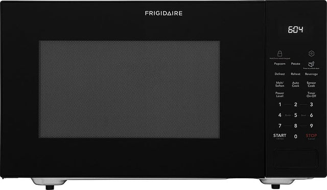 Frigidaire 604 microwave oven with a black and white display. The buttons include:

1. Defrost
2. Reheat
3. Beverage
4. Melt/Soften
5. Auto Cook
6. Sensor Cook
7. Power Level
8. Timer
9. On-Off
10. Quick
11. 1
12. 2
13. 3
14. 4
15. 5
16. Start
17. 6
18. 7
19. 8
20. 9
21. START +30 Sec
22. 0
23. STOP
24. Cancel