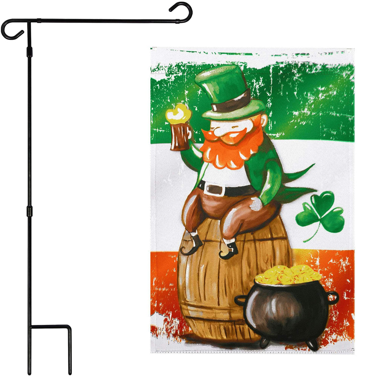 G128 - Garden Flag and Stand Combo — 12x18in Double-Sided St. Patrick's Day Leprechaun Barrel Print, 36x16in Stand - Green