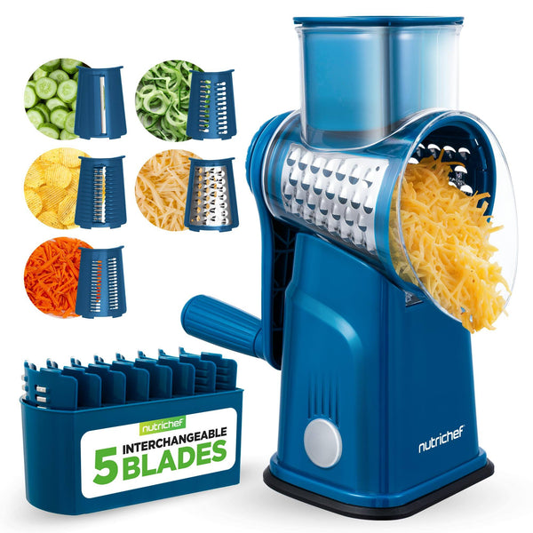 NutriChef - NCCHS5BLDBL 5-in-1 Cheese Grater & Shredder, 5 Blades, Suction Base - Blue
