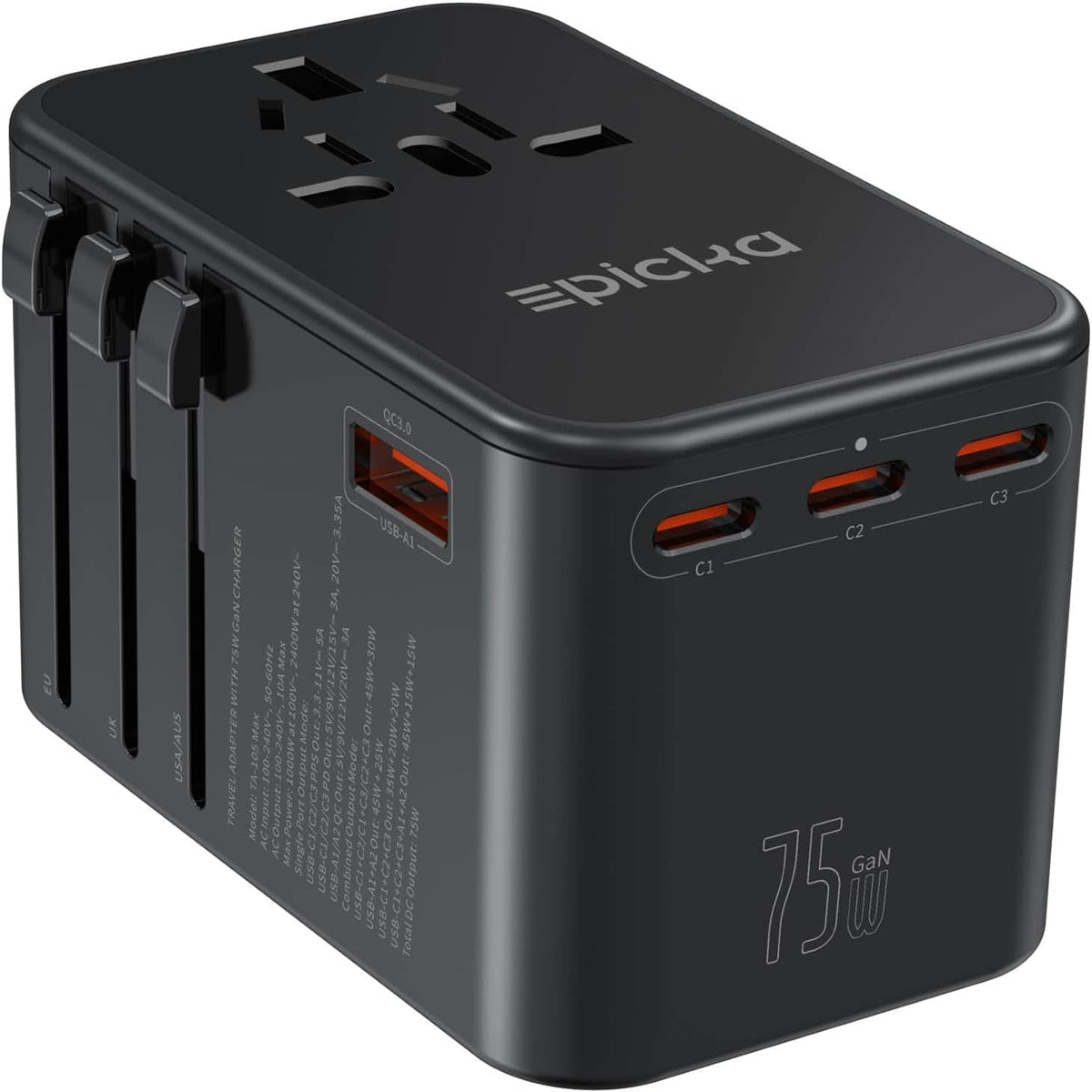 Epicka - GaN Universal Travel Adapter with USB Ports, PD Fast Charging International Plug Adapter, Multi-Port Travel Charger - TA-105 Max-Black