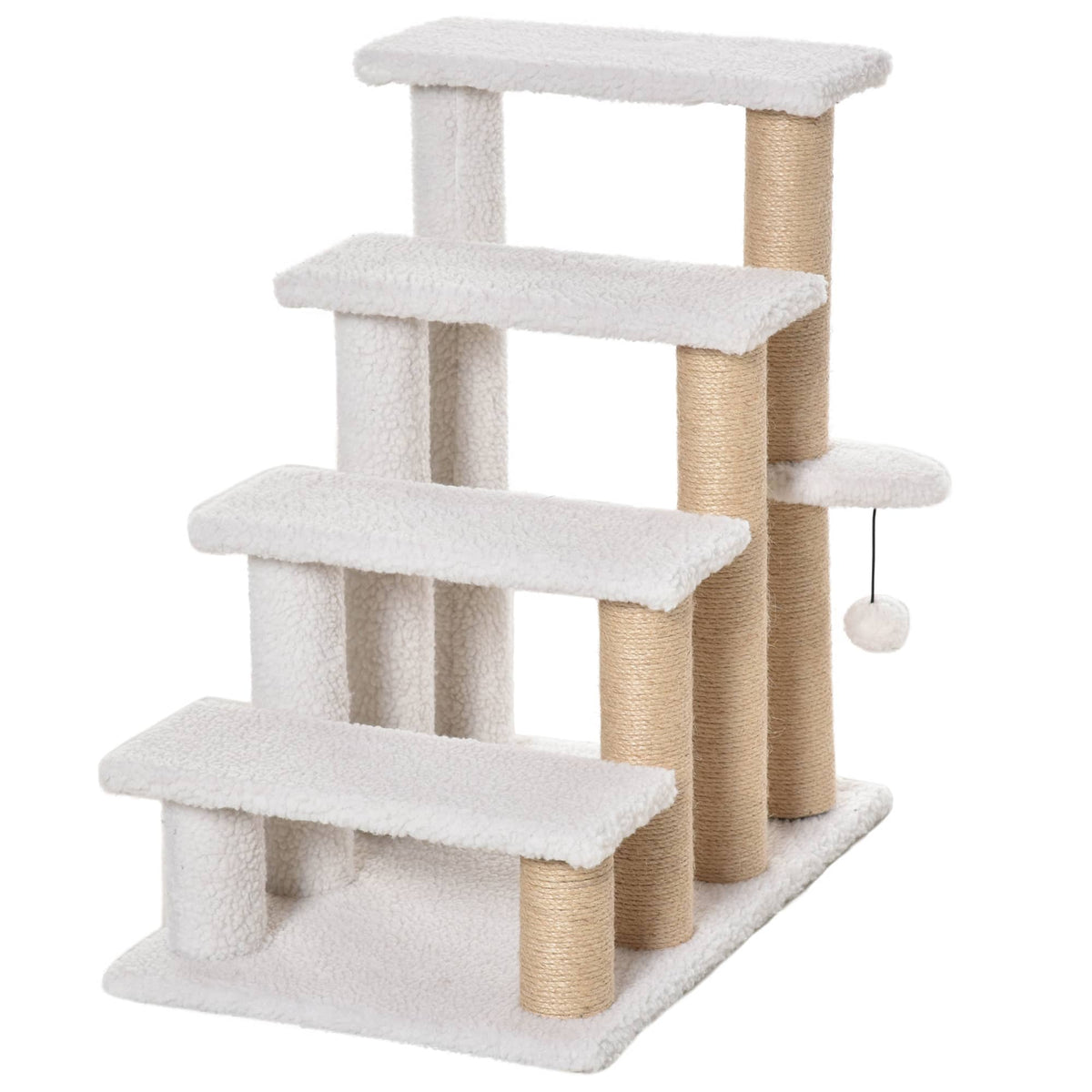 Pawhut - 4 Levels Cat Steps, Pet Stairs Carpeted Ladder, Kitten Tree Climber, Scratching Posts, Hanging Play Ball, Side Step - White
