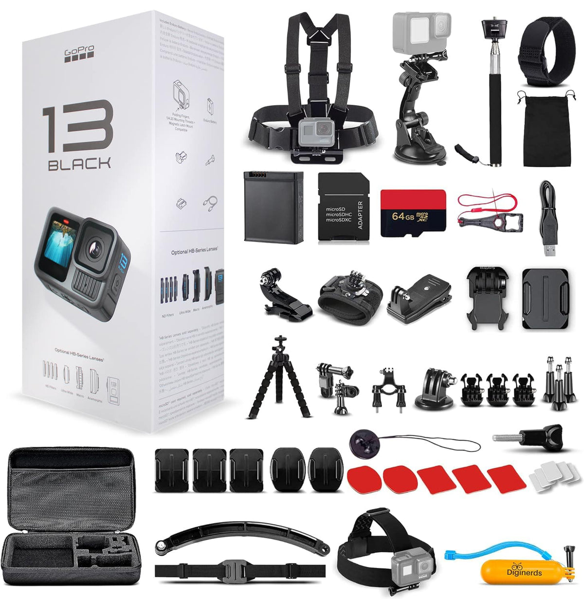 Bundle - GoPro - HERO13 - Waterproof Action Camera + 64GB Card and 50 Piece Accessory Kit - Black Starter